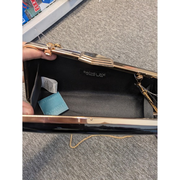 Rachel Zoe Black Patent Leather Gold Chain Crossbody Evening Clutch Bag NEW - Picture 7 of 10